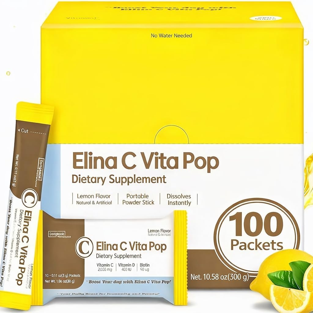 DONGKOOK Vita Pop 2,000mg Vitamin C Vitamin D & Biotin Powder Per Stick, Sugar Free Korean Vitamin C Supplement Multivitamin Immune Support Antioxidants for Healthy Skin Non-GMO Lemon Drink 100 Packet