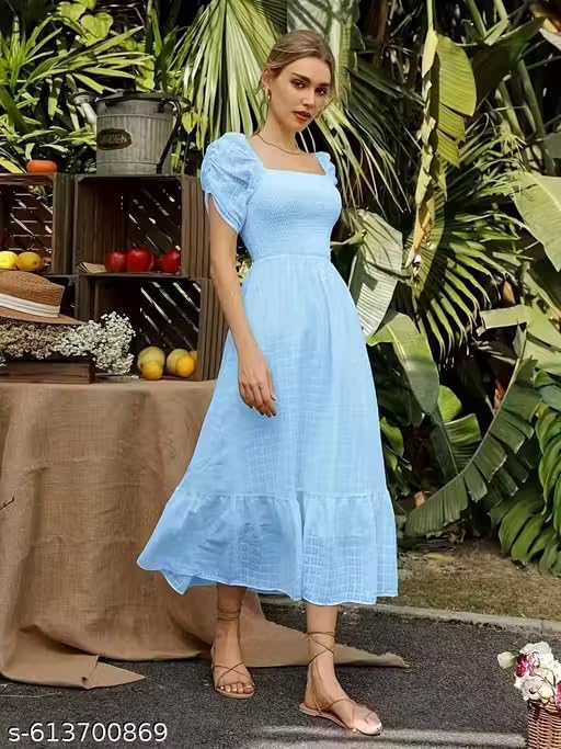 Image of Shreyam Girl's & Women's Solid A-Line Ruched Puff Sleeve Maxi Long Evening One Piece Long Dress for Women Stylish