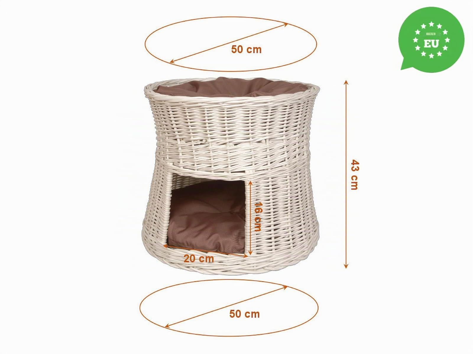 Katzenkorb zum Schlafen – Katzenhütte Indoor – Größe: 50 cm rund – Katzenhöhle aus Weide – Zweistöckiges Katzen oder Hundebett in Weiß – Kissen Ecru