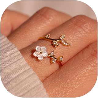 JALZEMPL Birthstone Flower Rings for Women - Adjustable Non-Tarnish Cubic Zirconia & Mother of Pearl, Silver Rose Gold Plated, Sizes 7-11 Birthday Gift