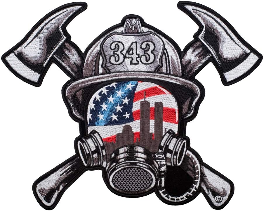 PatchStop Firefighter Helmet 343 RWB Iron On Patches for Clothing Jeans - 12x9.5in X-Large DIY Sew On Back Patch for Jackets Bags - Embroidered Decorative 9-11 Firefighter Patches