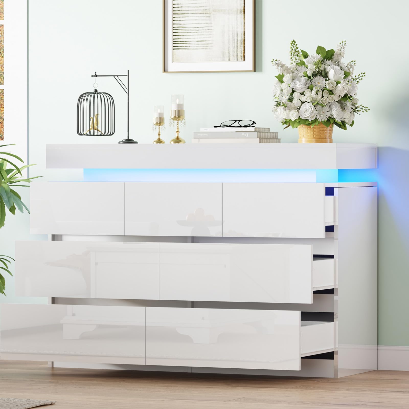 TRIOBLADE 7 Drawer Chest of Drawers and 1 Top White High Gloss Dresser for Bedroom with Large Chest of Drawers Wide Storage Cabinet Multicolor LED Lights for Bedroom Furniture Living Room 108x38x75cm