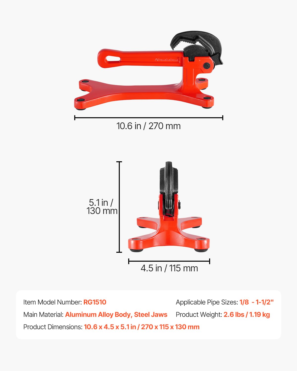 VEVOR Przenośne imadło do rur, lekkie aluminiowe imadło do rur o pojemności zaciskowej 1/20.3 cm do 1-1/5.1 cm, idealne do instalacji hydraulicznych na miejscu, naprawy i konserwacji