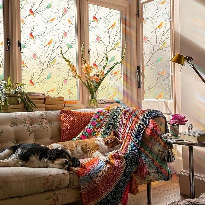 Image of SIA VENDORS Privacy Decorative Stained Glass Window Decal Tint Film, Adhesive Static Cling Sun Blocking Stickers, Door Covering for Home (24IN' x 20FT', Bird Film)