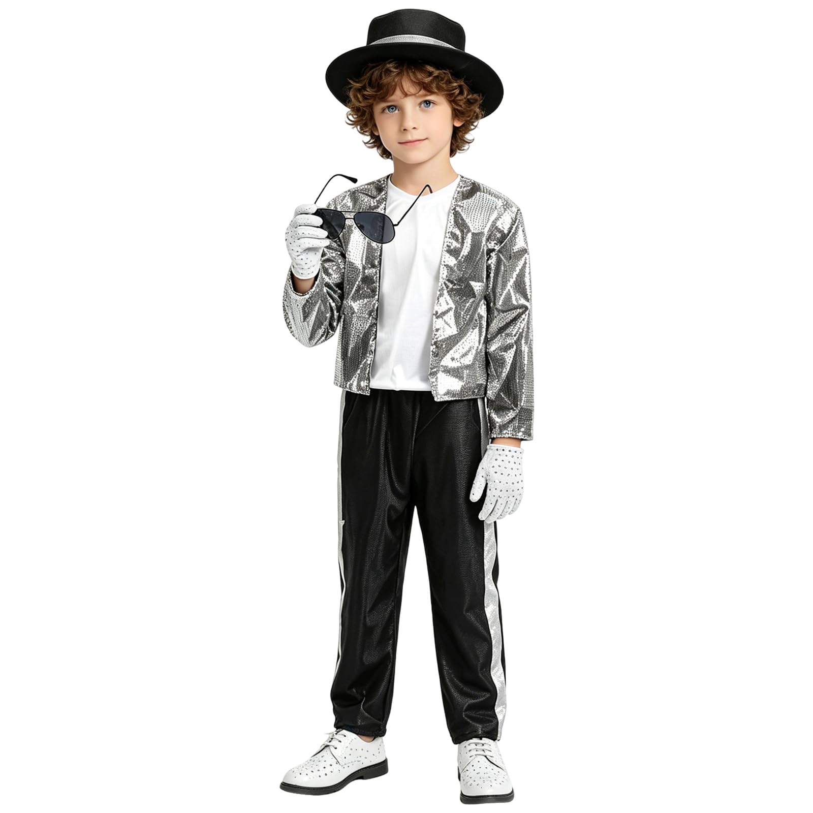 Child King of Pop Musician Costume 7-Piece Set Sequin Jacket Striped Pants with Hat Sunglasses Gloves and T-Shirt 80s 90s Music Icon for Halloween Party Stage Performance and Fancy Outfits for Boys — image 1