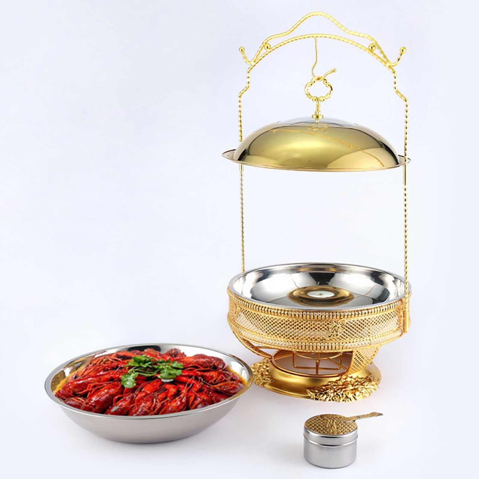 Juego de platos de roce, calentadores redondos de acero inoxidable para fiestas, elegante acabado dorado, ideal para catering y eventos, incluye 3 fundas abatibles, duraderas y fáciles de limpiar