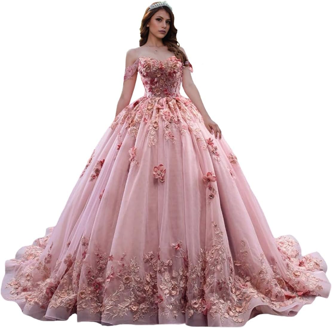 Yifanier Sweetheart Tulle Quinceanera Dresses for Women Sweet 16 Quinceanera Dresses Ball Gowns with Train MT009 Pink