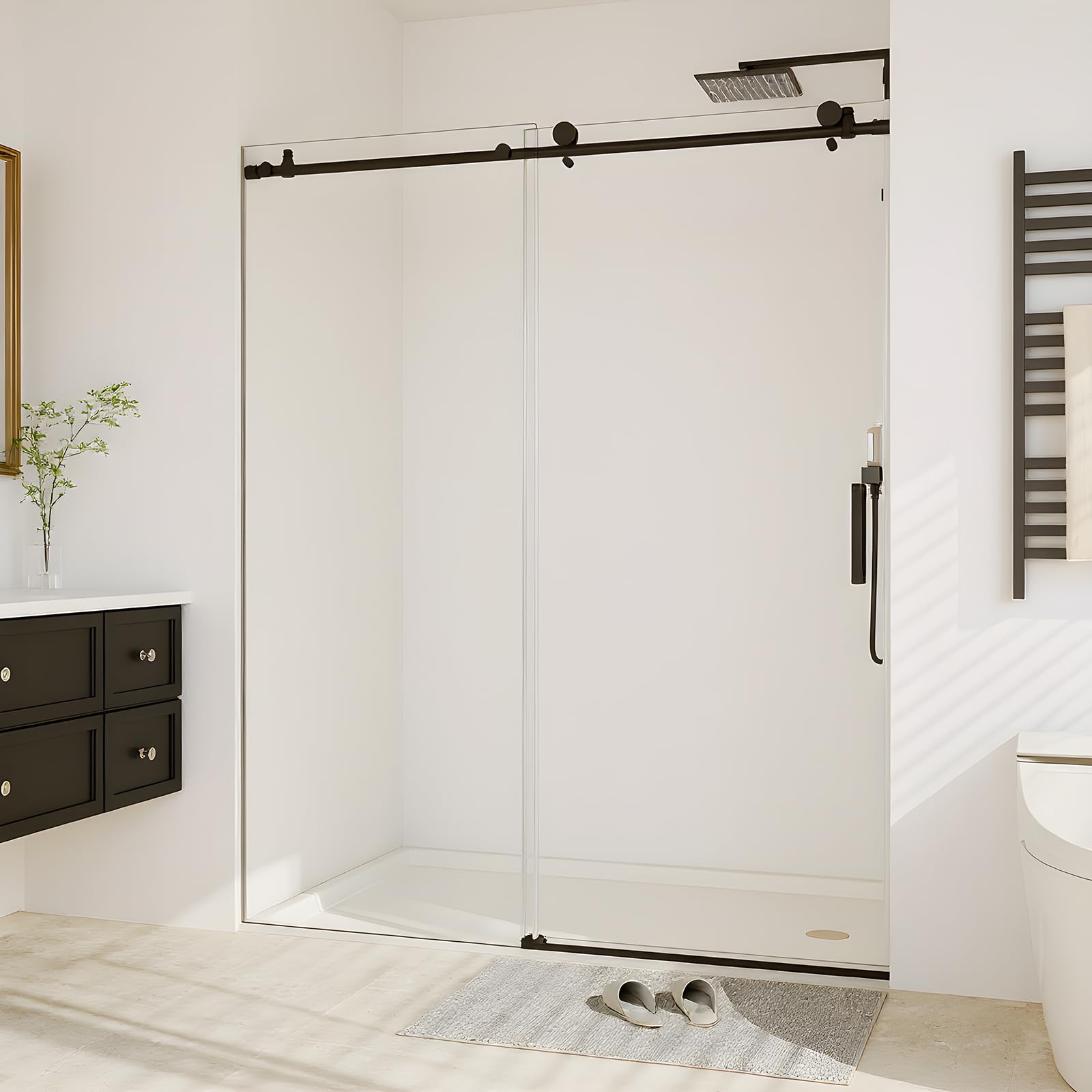 56-60 in W x 76 in H Shower Doors, Frameless Shower Door, Sliding Glass Door with 5/16 in (8 mm) Clear Tempered Glass for Bathroom,Explosion-Proof Film,Handle and Seal Strip