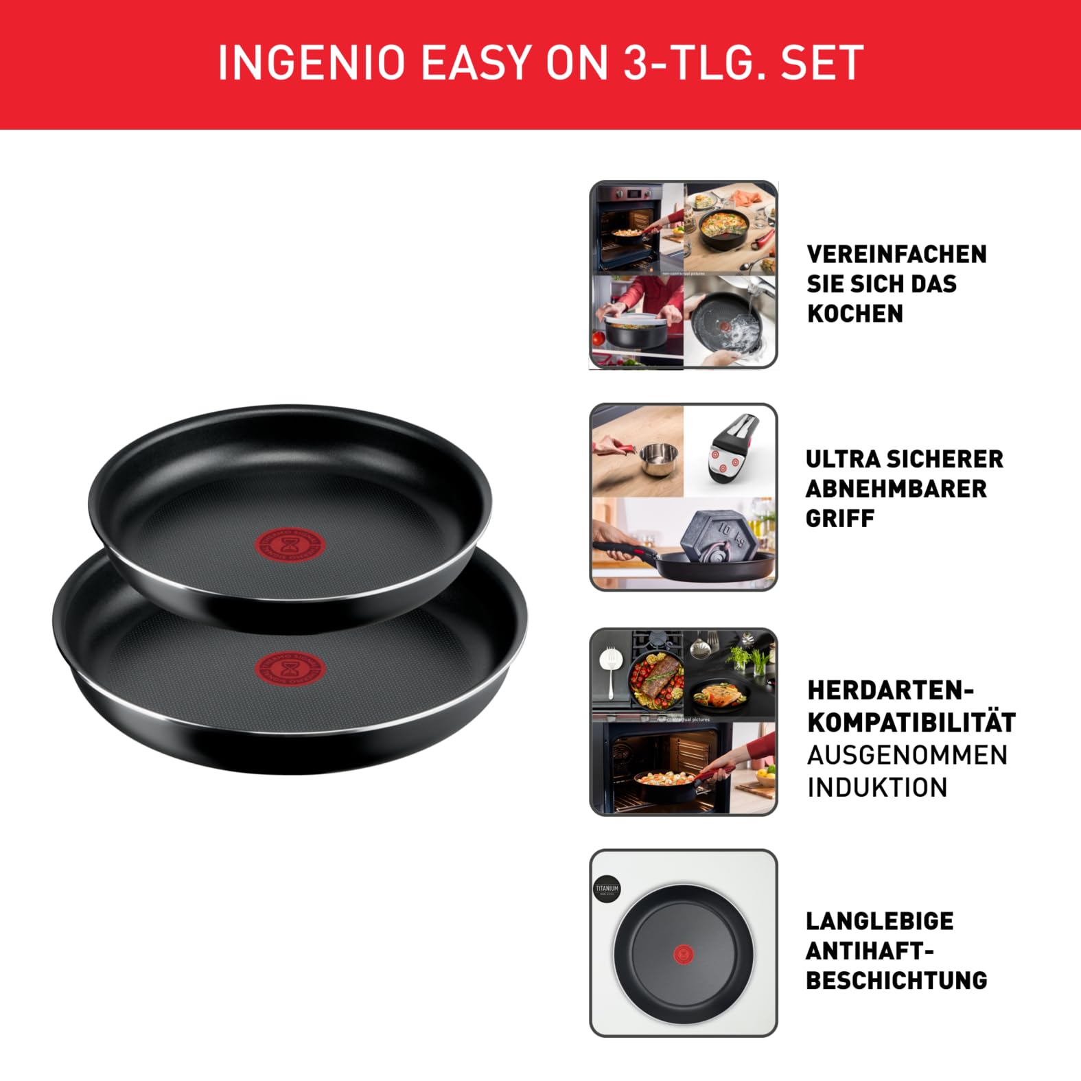 Tefal Ingenio Easy On 3-teiliges Pfannenset abnehmbarer Griff, 24/28 cm, stapelbar, platzsparend, Pfannen mit Antihaftversiegelung, einfache Handhabung und Reinigung, L15993