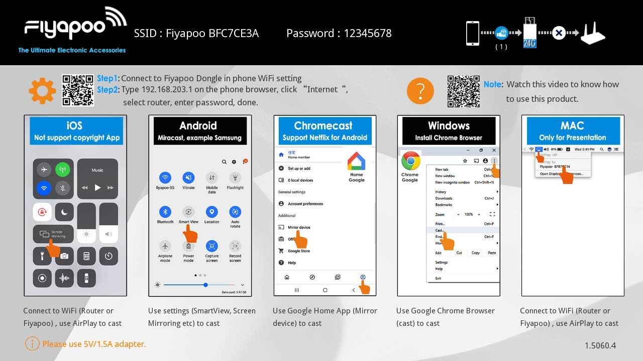 Screenshot of the Fiyapoo dongle's initial setup screen with SSID, password, and instructions for iOS, Android, Windows, and Mac devices.