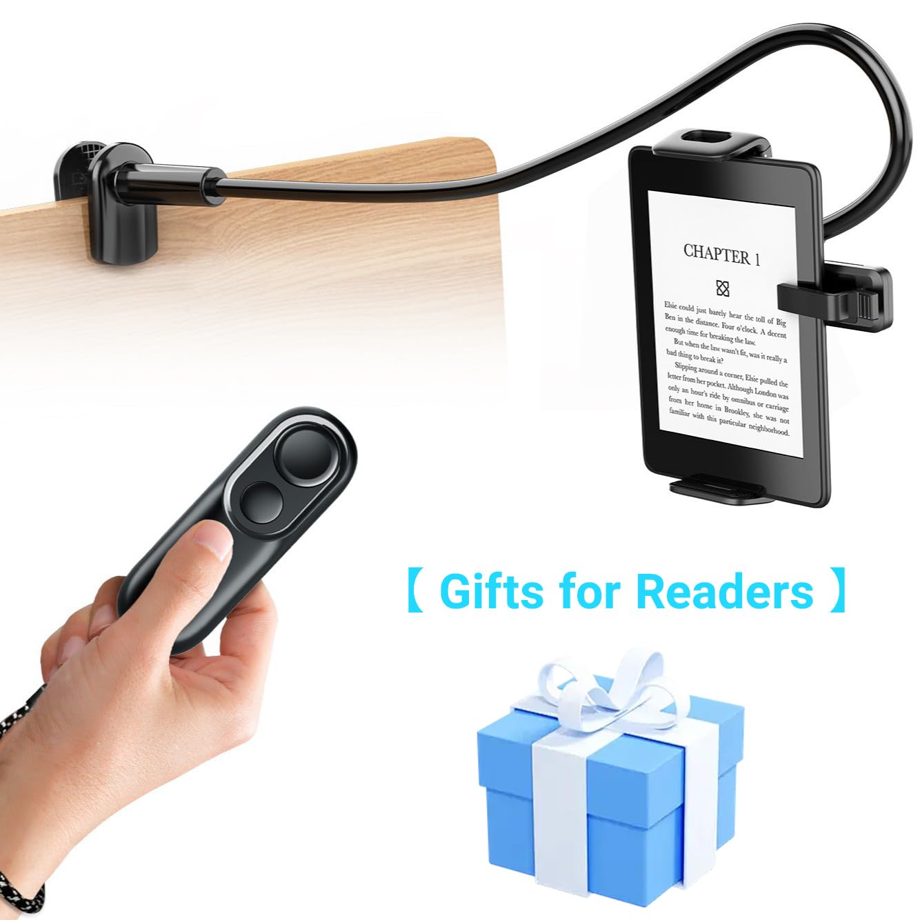 Soporte para Kindle con Pasapáginas Remoto, Flexible Brazo de Cuello de Cisne para Cama y Accesorio de Lectura Manos Libres para Kindle Paperwhite/Oasis/Kobo, iPad, Tablets, 4.7-10.35 Pulgadas