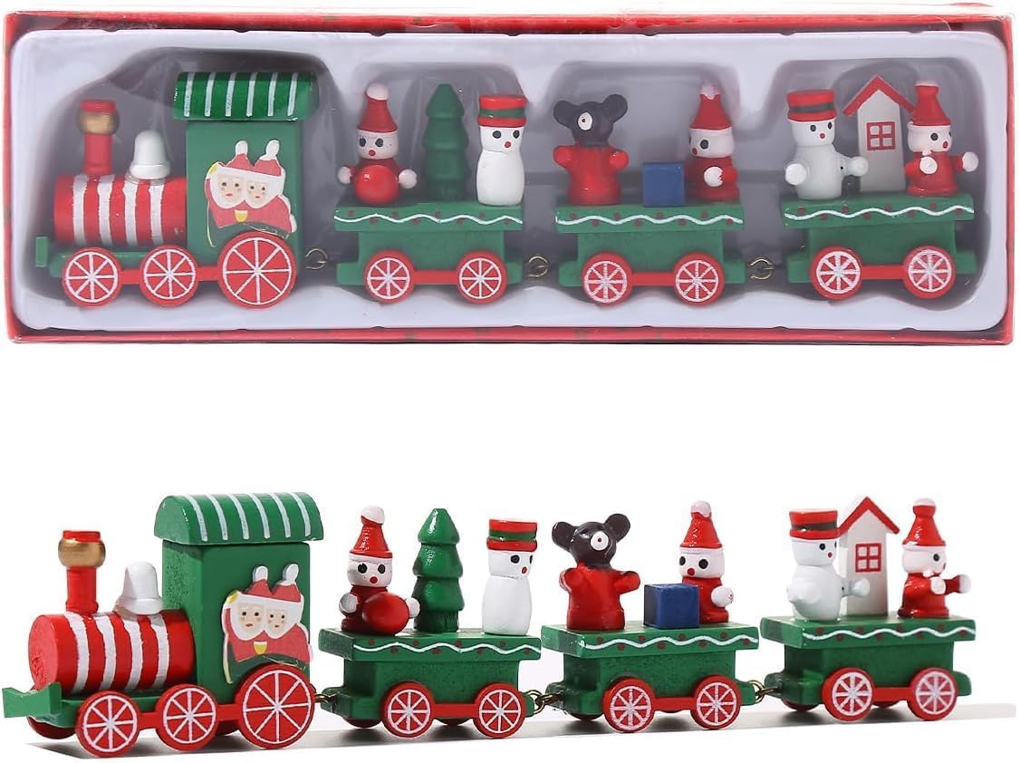 BEMT Mini Wooden Christmas Train Decoration – Painted Xmas Tabletop Ornament with Snowman – Green Holiday Decor for Home, Office, or Party Display