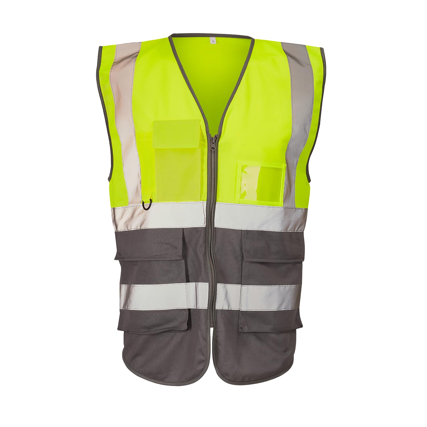 Expert Workwear Hi Vis Viz Zipped Executive Vest High Visibility Two Tone Reflective Safety Waistcoat Jacket Mobile Phone Pocket & ID Holder (UK, Alpha, XXL, Regular, Regular, Yellow/Grey)