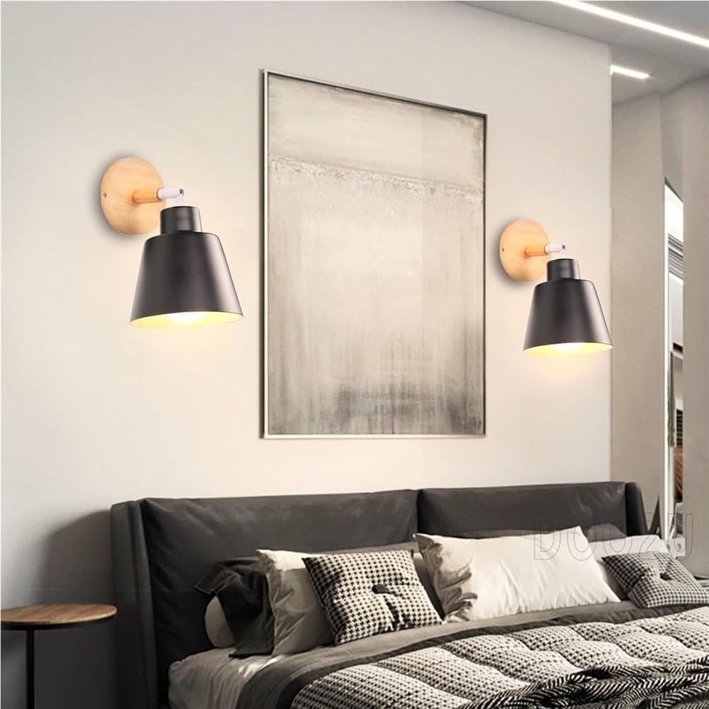 Applique da Parete Moderna per Interni, Stile Vintage Industriale, Regolabile, Attacco E27, con Design in Legno e Metallo (Nero 2 Pezzi) (Nero 1 Pezzo)