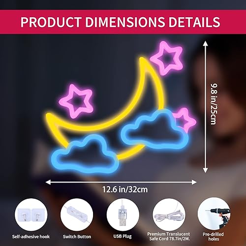Miniatura 3 de KOBES Letrero de neón Moon Cloud Star – Letreros de neón azul/amarillo/rosa para decoración de pared, alimentado por USB, luna, nube, estrellas, luz
