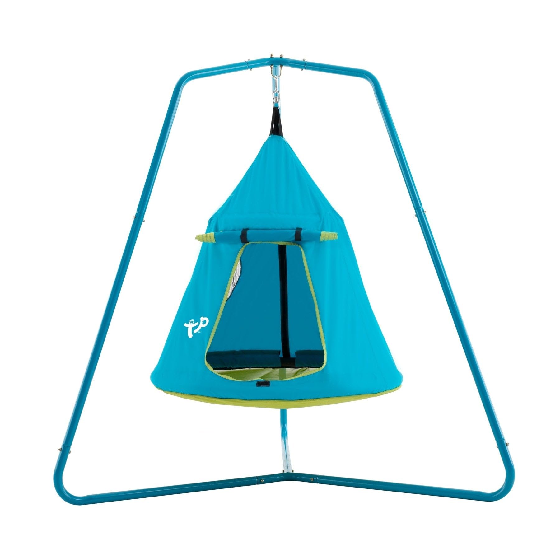 TP Toys Zelt UFO blau mit Stativ – Hängender Spielplatz für Kinder – Tür und Fenster aus Netz – kompakt für kleine Gärten – ab 2 Jahren – inklusive Verankerungsset