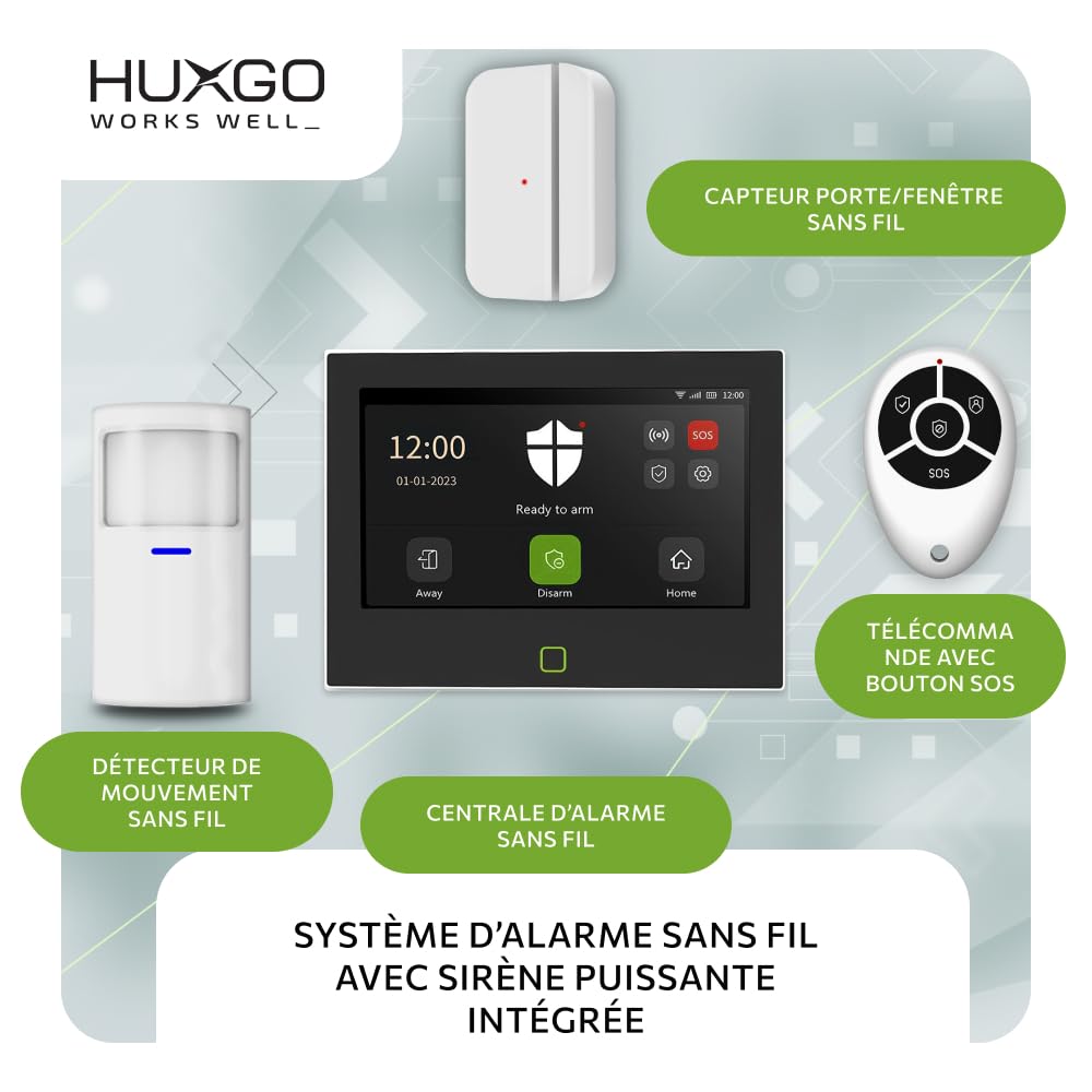 HXA700 Alarme Maison sans Fil WiFi + GSM 4G avec sirène integrierter - Interface en FRANÇAIS | Kit avec 3X détecteur PIR, 1x capteurs Ouverture Porte/fenêtre | Tuya Smart Life
