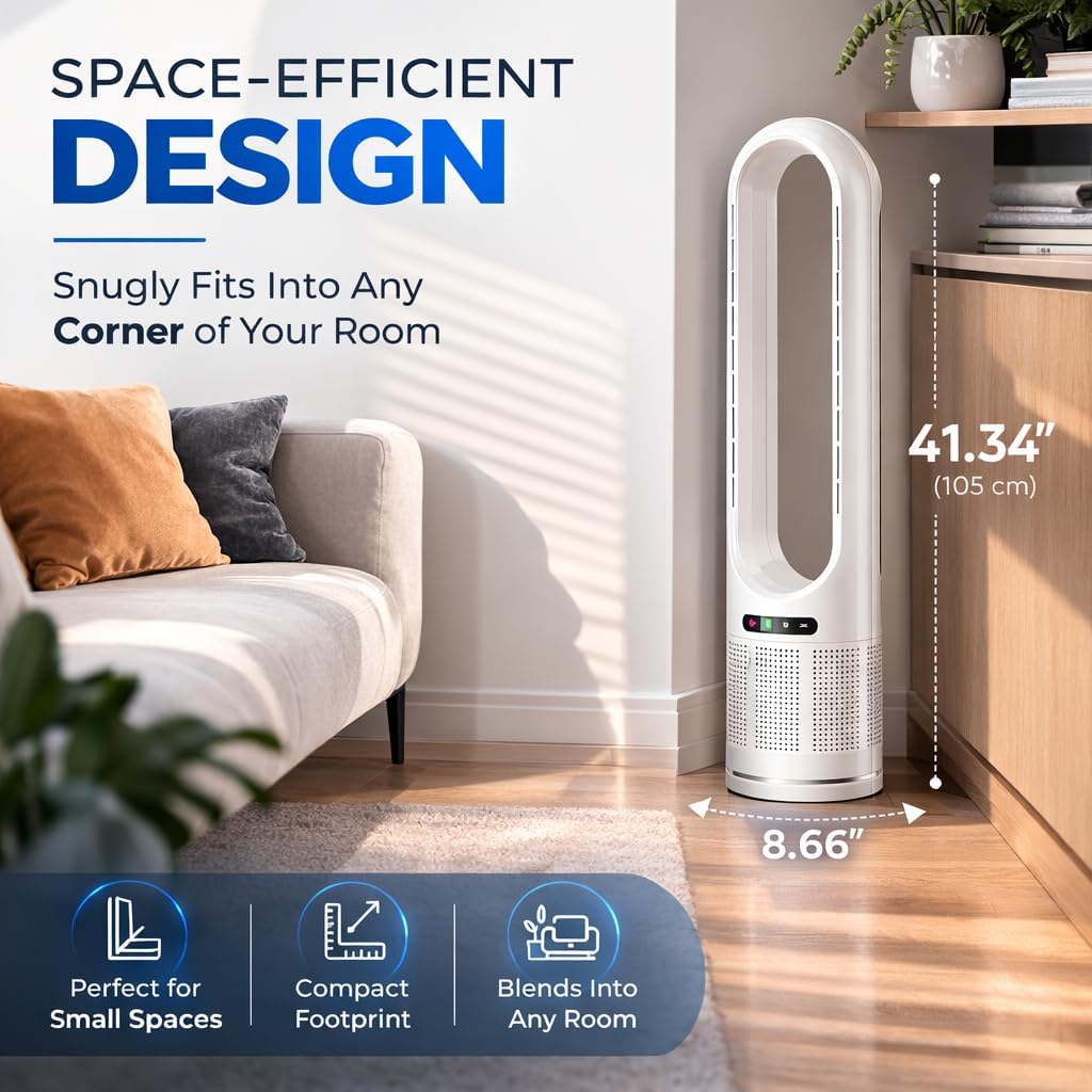 41" Bladeless Tower Fan with Air Filter, 80° Oscillating Fan with Remote Control, 8 Speeds, 8H Timer, Quiet Cooling Fan with LED Display, Standing Fan for Bedroom, Home, Office