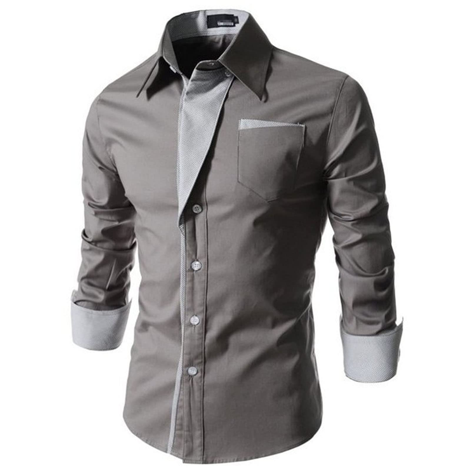 Mens Long Sleeve Stylish Dress Shirts Patchwork Casual Button Down Shirts Turn-Down Collar Shirt Top with Pockets (Grey,XX-Large)