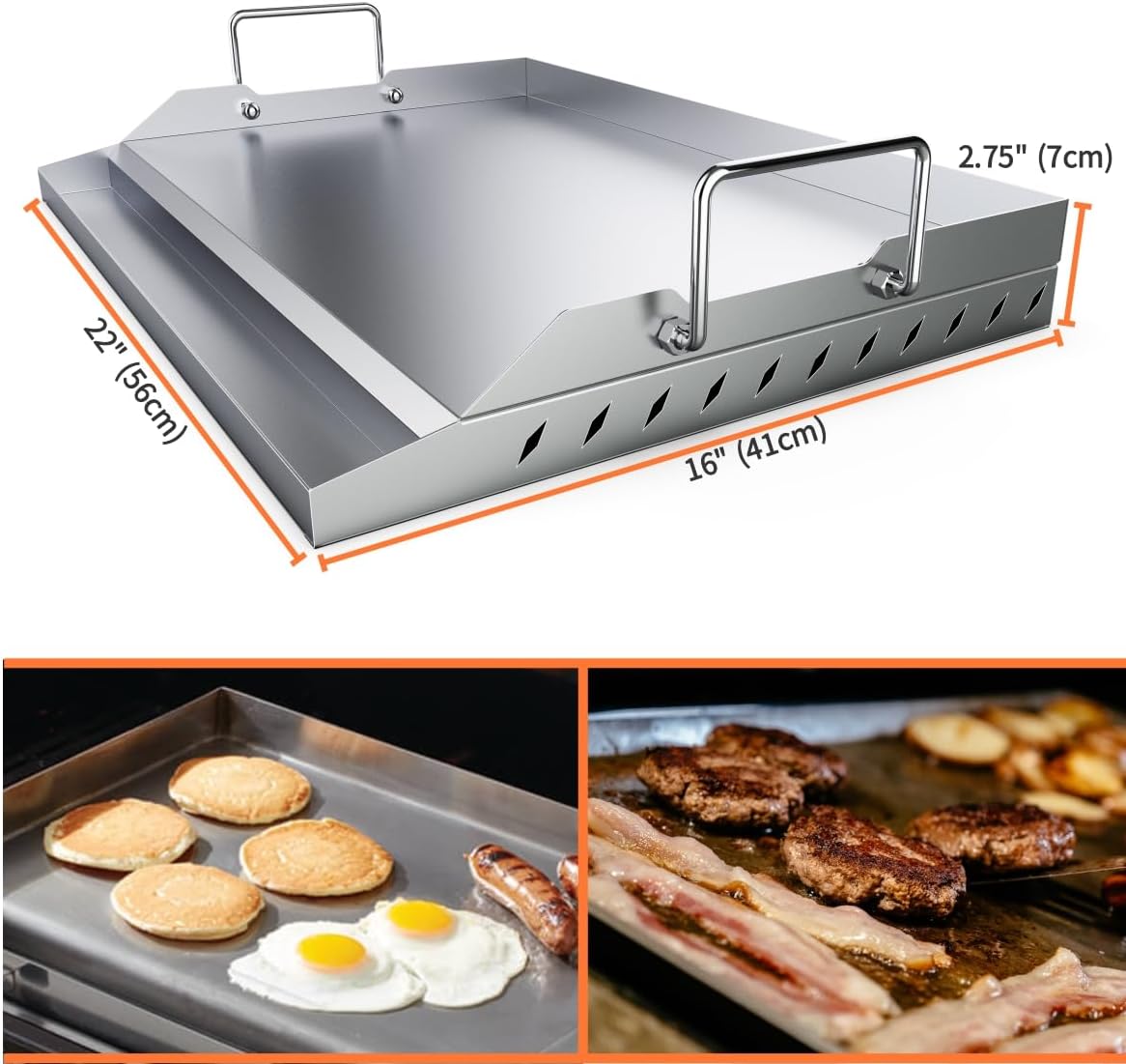 Skyflame - Plancha universal de acero inoxidable con soporte de calentamiento uniforme para parrillas de carbón/gas BBQ, plancha plana rectangular Hibachi de 23 x 16 para cocina interior/exterior