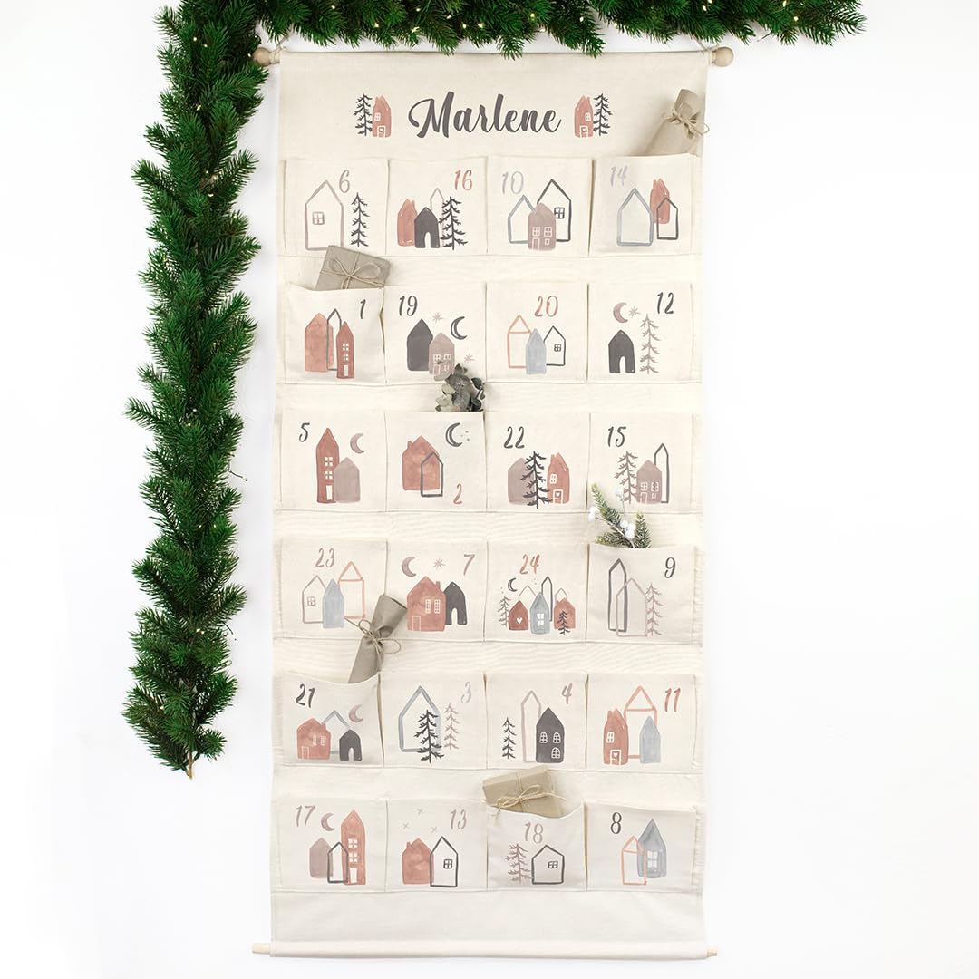 Adventskalender zum Befüllen Wandkalender aus Stoff zum Aufhängen personalisierbar mit Wunschname XXL (Boho Weihnachtshäuser)