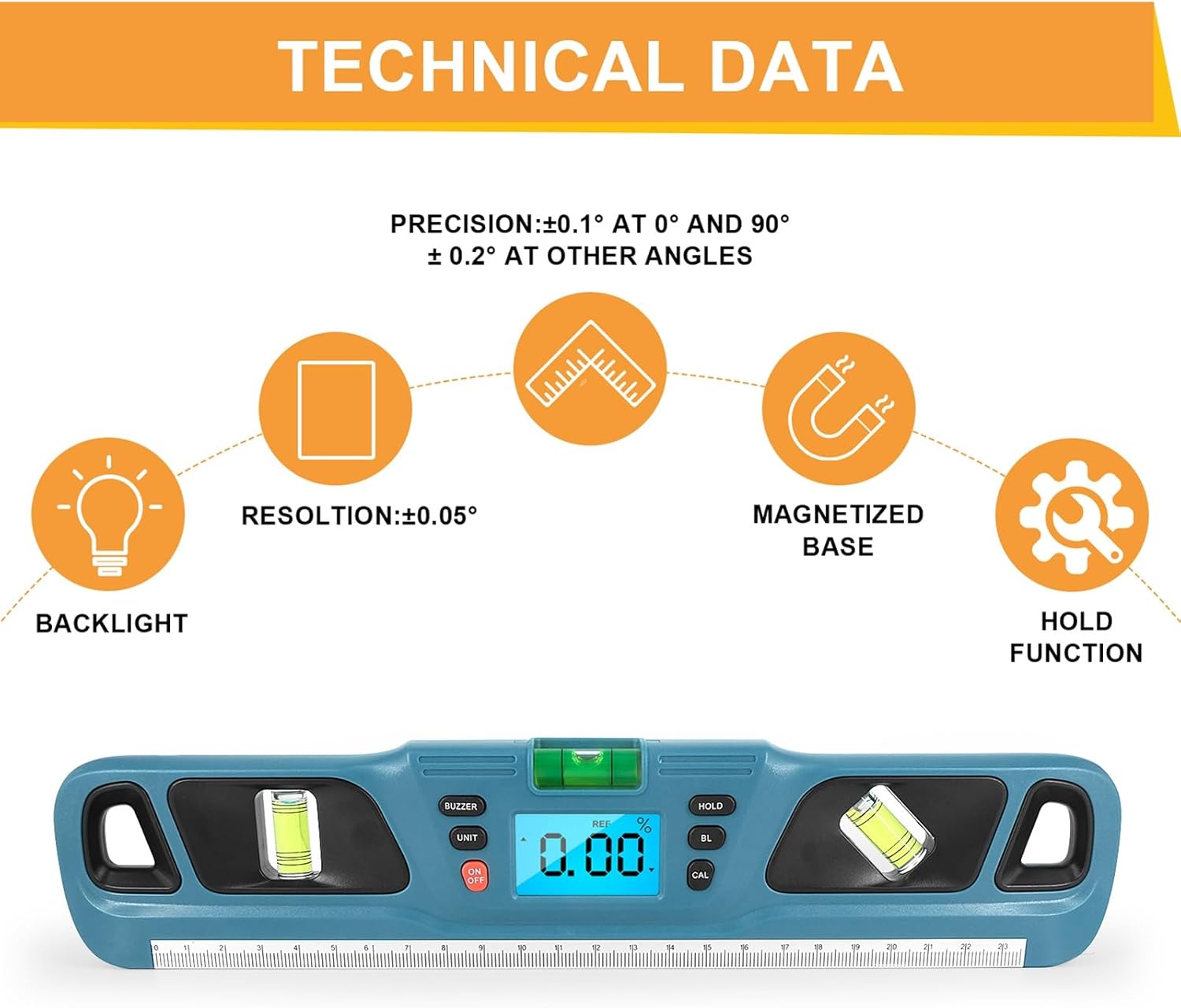 Protractor HW 200 digital level angle ruler Digital Angle Finder Stainless steel level ruler Digital protractor (Blue)