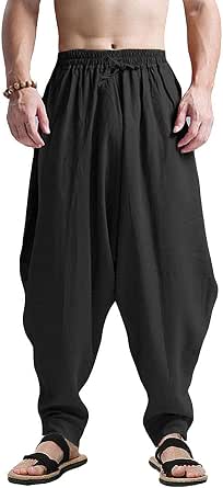 CLANMILUMS Men's Cotton Harem Pants Casual Loose Hippie Drop Crotch Trouser
