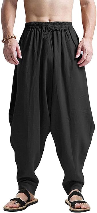 CLANMILUMS Men's Cotton Harem Pants Casual Loose Hippie Drop Crotch Trouser
