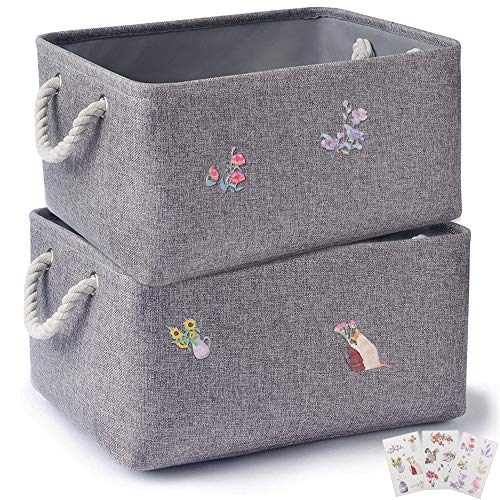 AYUQI Cajas de Almacenaje de Tela, Cestas de Almacenaje de Tela con Manijas para Ropa, Juguetes, Armario, Dormitorio, Estanterías y Mas (Gris/Gris-Amarillo) (Gris Oscuro)