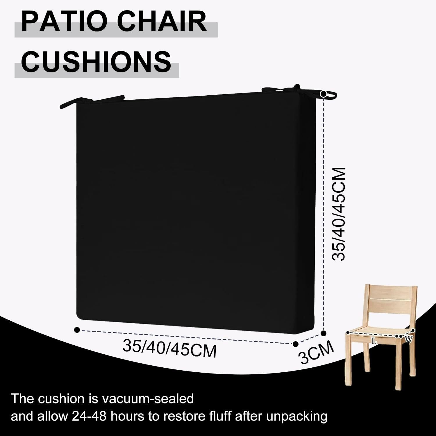 Set di cuscini per sedia da giardino da esterno, impermeabili, con lacci, spessore 3 cm, 40 x 40 cm, 4 pezzi, ideali per patio, cucina e sala da pranzo, colore nero.
