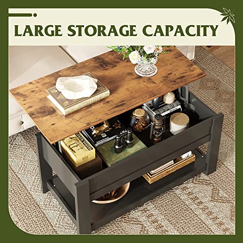 Image of WLIVE Coffee Table, 39 inch Lift Top Coffee Table with Hidden Compartment and Storage Shelf for Living Room, Rustic Brown