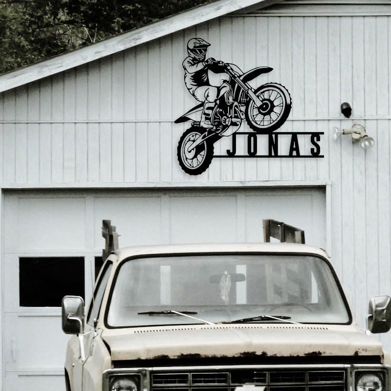 Miniatura 3 de Arte de pared de metal personalizado para motocicleta con luz LED, letrero de metal de motociclista de motocross, letrero de nombre personalizado