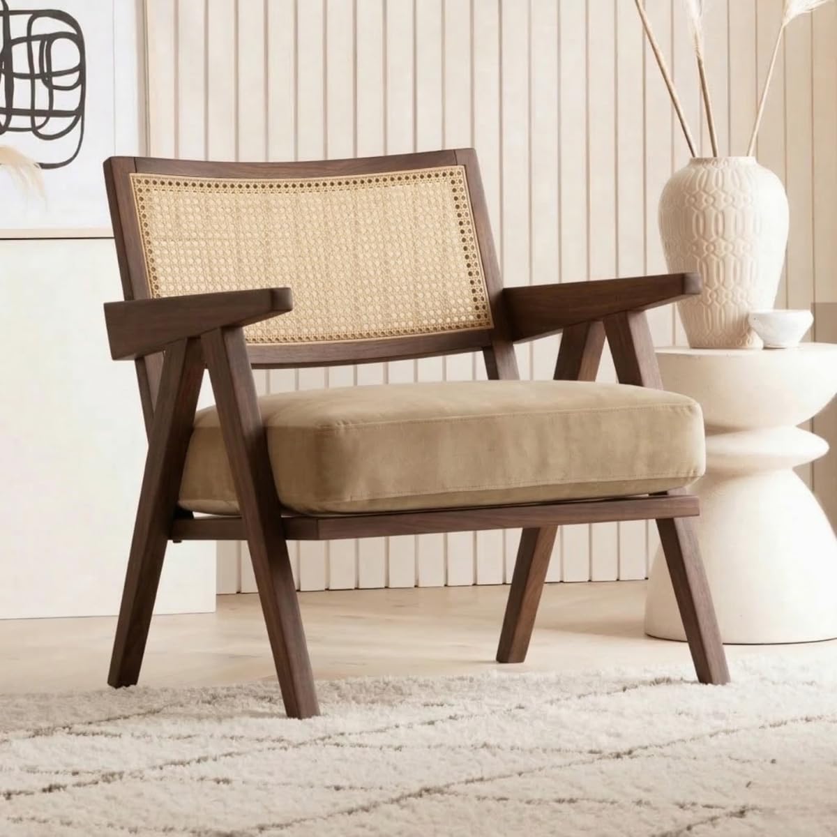 ABEL Rattan Teak Wood Accent Arm Chair for Home Bedroom, Living, Dining, Drawing Room | Ultra Soft and Comfortable for Stress Free | Removable Cushion (KF-Walnut-Beige-Velvet)-image-13