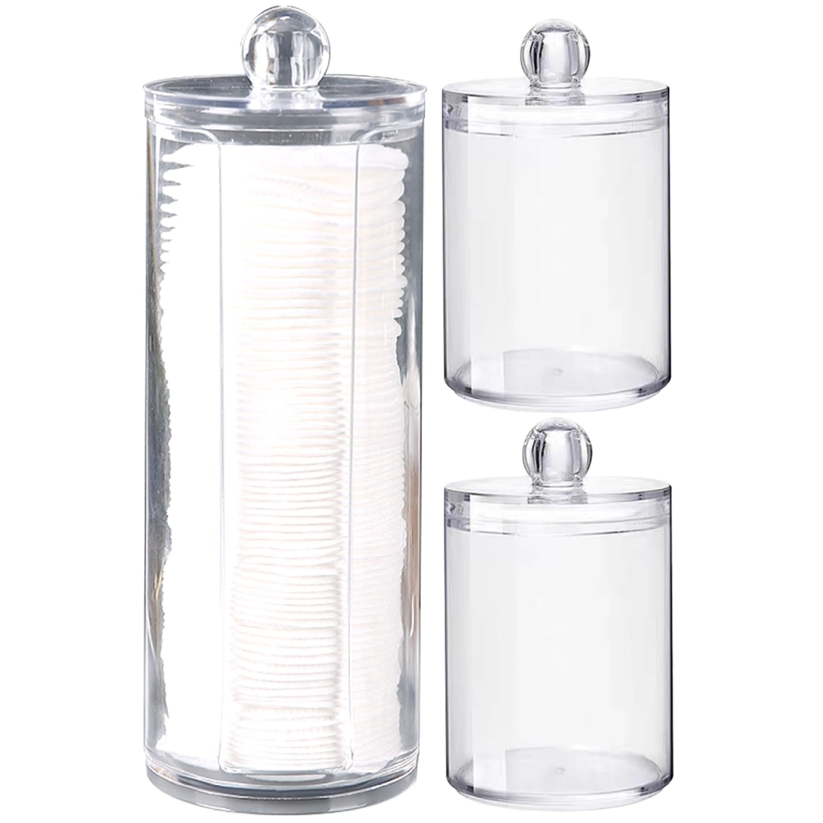 Grsrkep Q Tip Holder 3Pcs Clear Cotton Round Holder with Lid 4＆7.5 Inch Stackable Plastic Cotton Round Dispenser for Ball, Swab, Floss