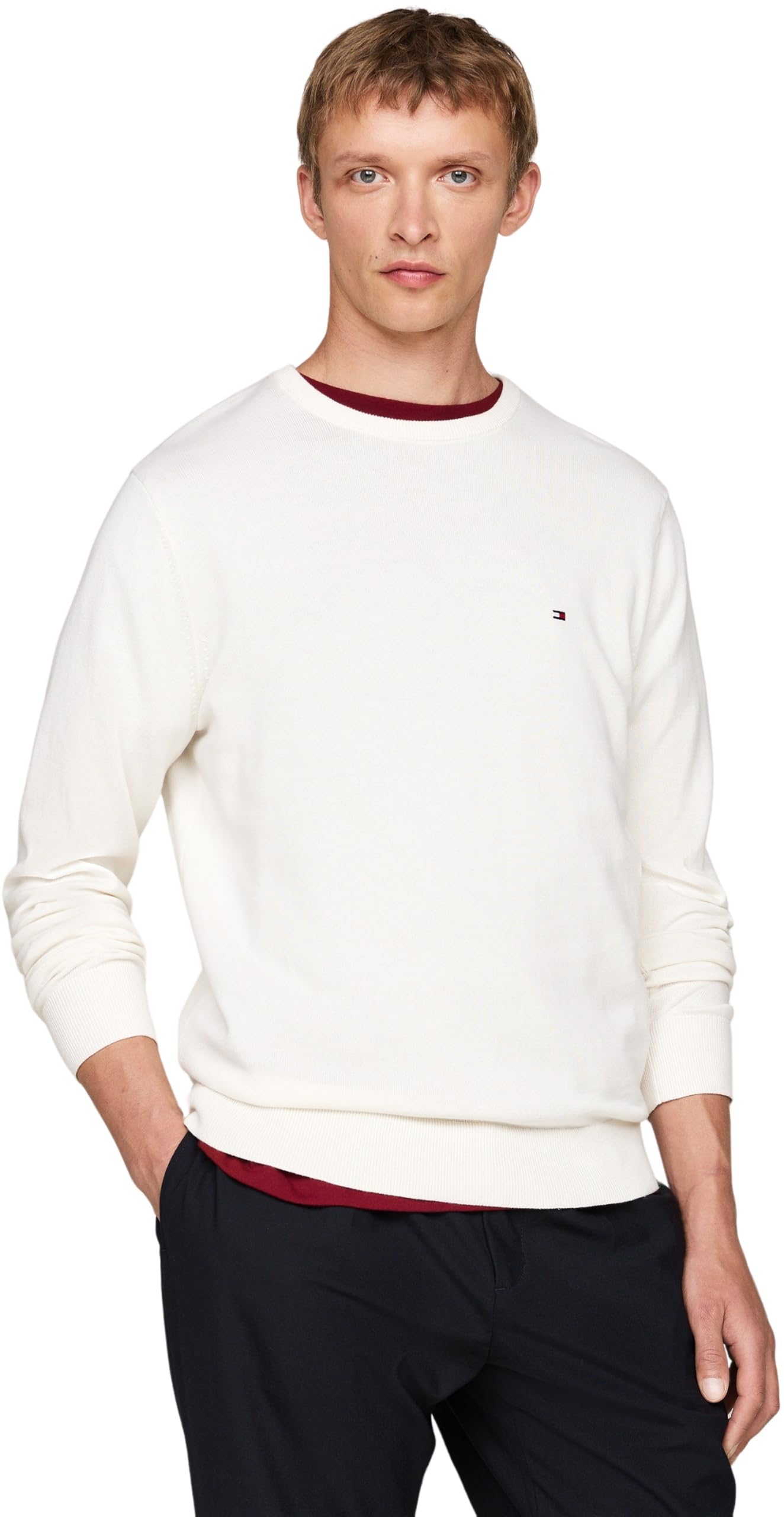 Tommy Hilfiger Men’s Essential Cotton Crew Neck Jumper, White (Ivory), XL