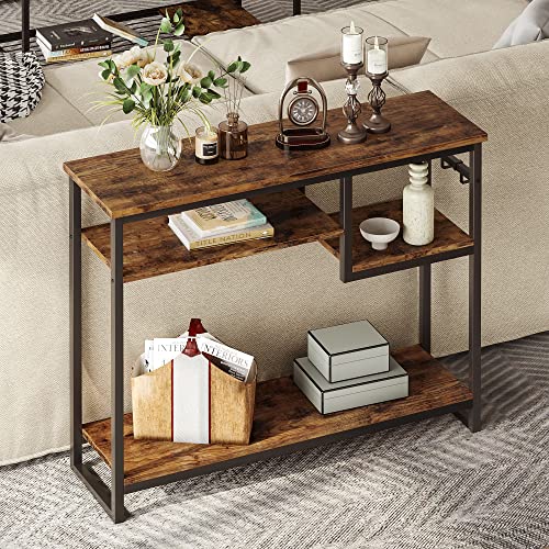 Bestier Console Tables For Entryway, Skinny Entry Table With 4 Tier Storage Shelves, 40” Behind Couch Table For Living Room, 2 Hooks, Rustic Brown #TOP2