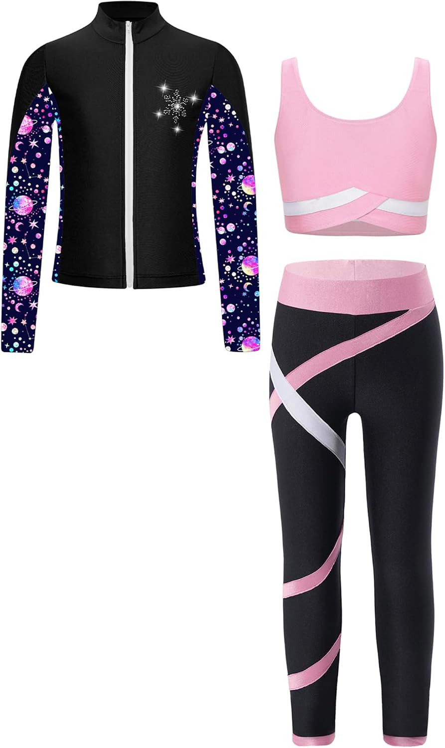 FEESHOW Girls Figure Ice Skating Training Suit Zip Up Skating Jacket Sleeveless Crop Top with Leggings Set