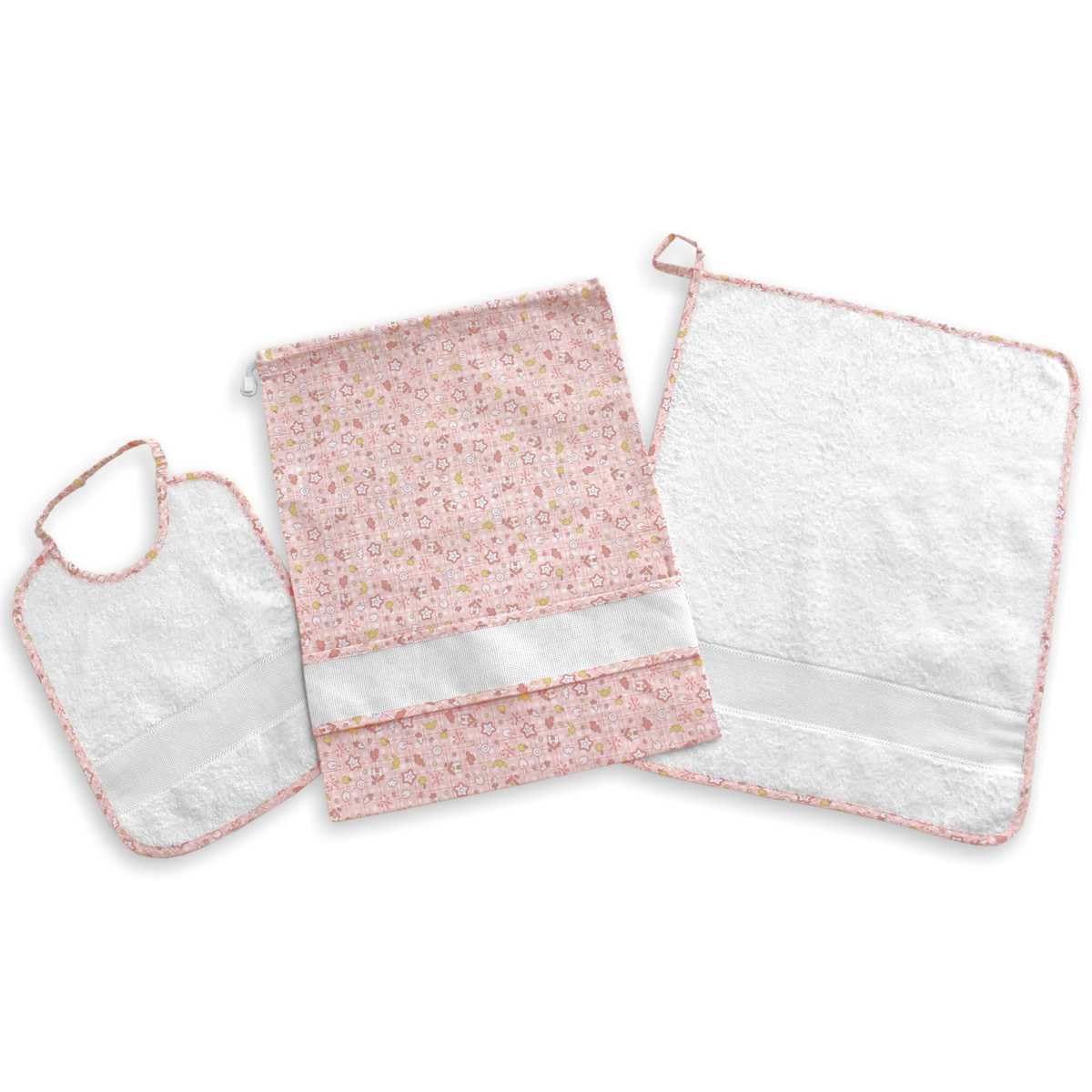 Set asilo da ricamare a punto croce, tre pezzi, sacchetto salvietta e bavaglia, spugna bianca, tela aida, punto croce, set asilo da personalizzare con ricamo a punto croce (81 Casette rosa)
