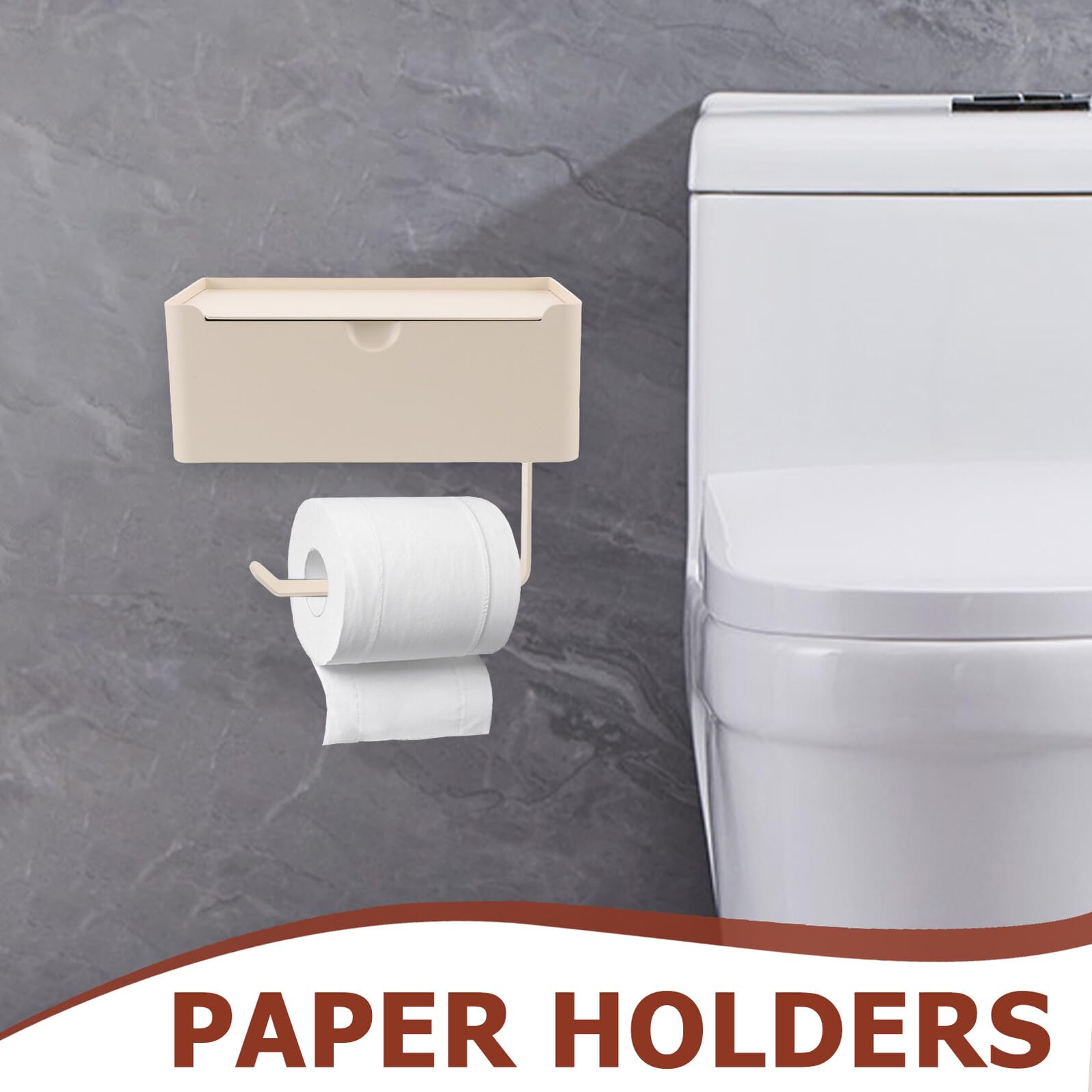 Toilettenpapierhalter ohne Bohren mit Abdeckung Wasserdichter Wandhalter für Badezimmer mit Integriertem Müllbeutelspender Selbstklebend Einfache Montage Cremeweiß