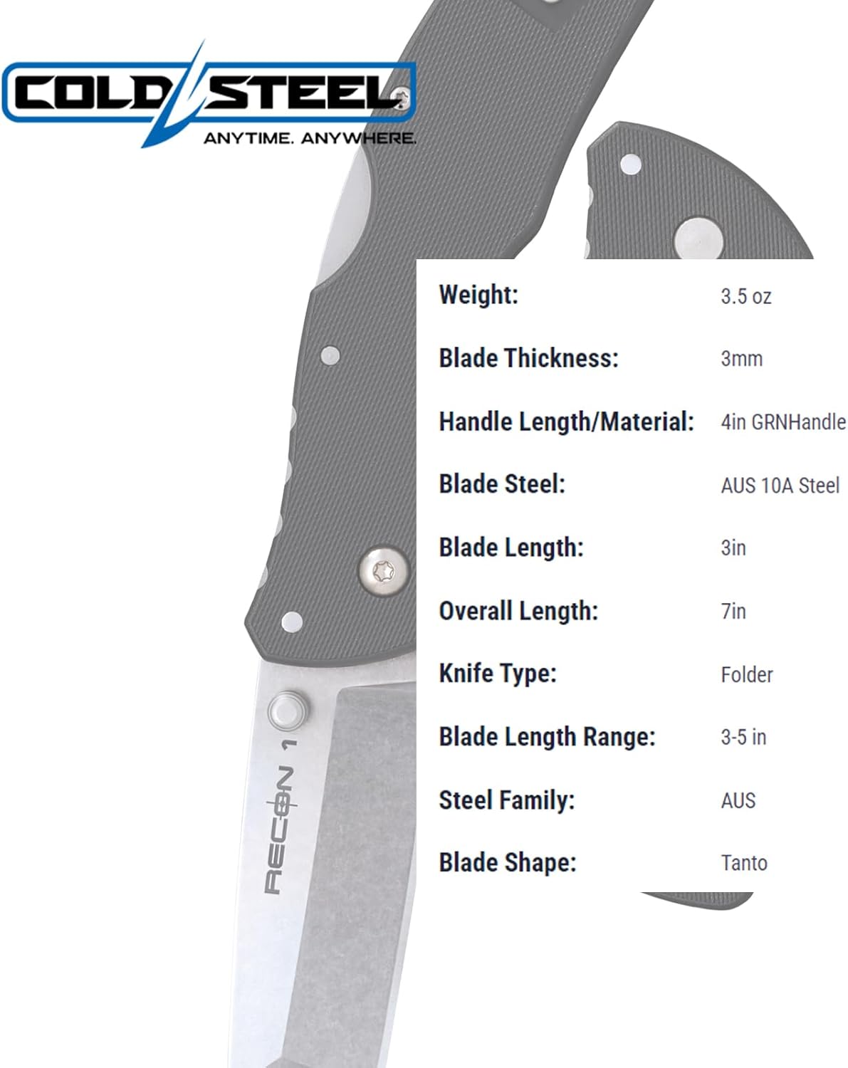 COLD STEEL Mini Recon 1 3" AUS10A Razor-Sharp Blade 4" GFN Handle Tactical Folding Knife w/Tri-Ad Lock, Ambidextrous Pocket/Belt Clip