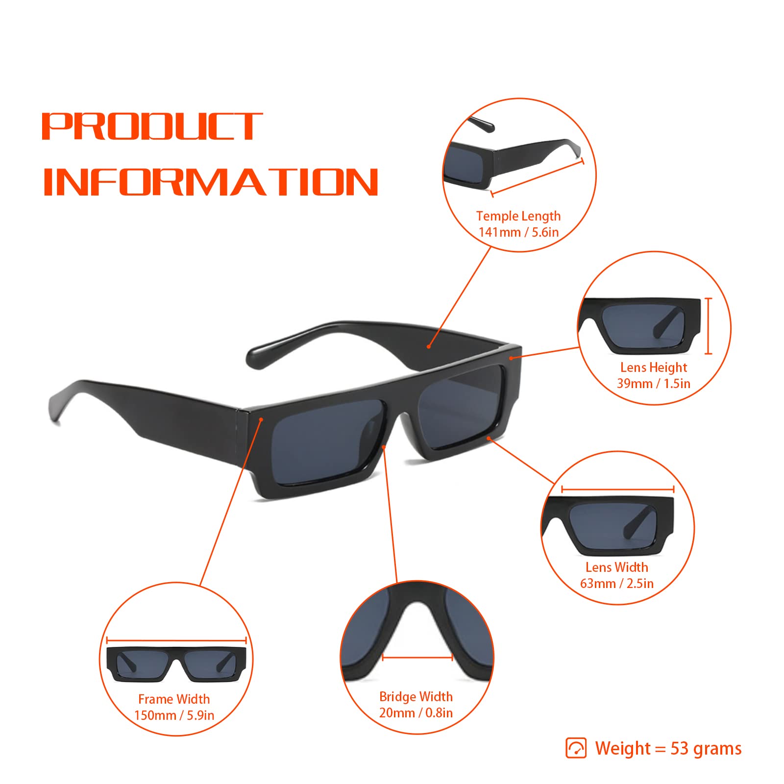 Lentes de sol rectangulares vintage para hombres y mujeres, lentes de moda retro de los años 90, lentes cuadrados, Negro - 4