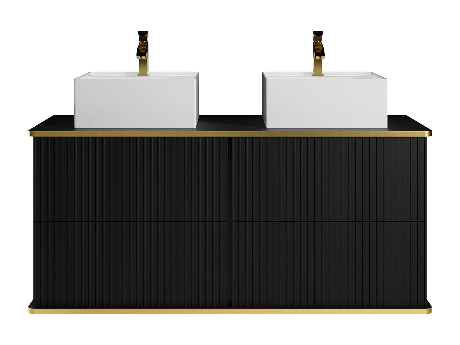 Vente-unique - Meuble de Salle de Bain Suspendu strié liseré doré avec Double Vasque à Poser carrée - Noir - 120 cm - KELIZA