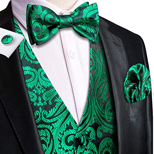 Hi-Tie 5Pcs Mens Black Green Suit Vest And Self-Bowtie Silk Regular Fit Dress Waistcoat And Necktie Pocket Square Cufflinks Set For Wedding Party Prom #TOP2