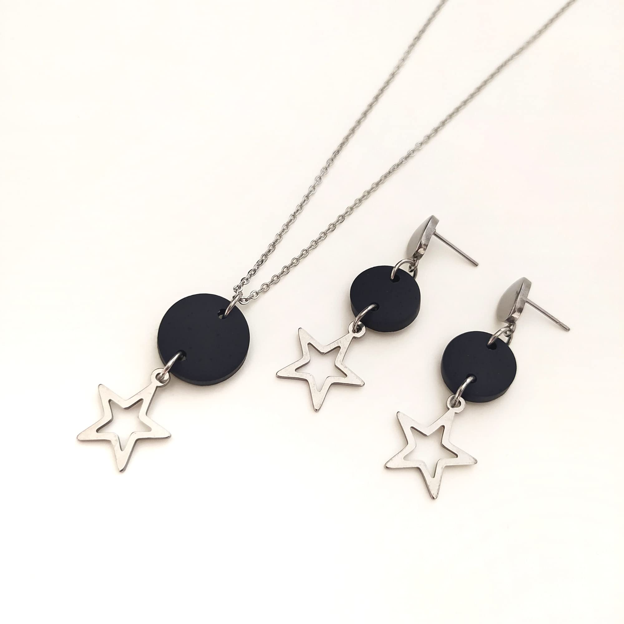 Pendientes estrella y Collar Estrella, Conjunto Estrella de collar y pendientes para mujer de acero inoxidable en color plata, Regalo original para Mujer