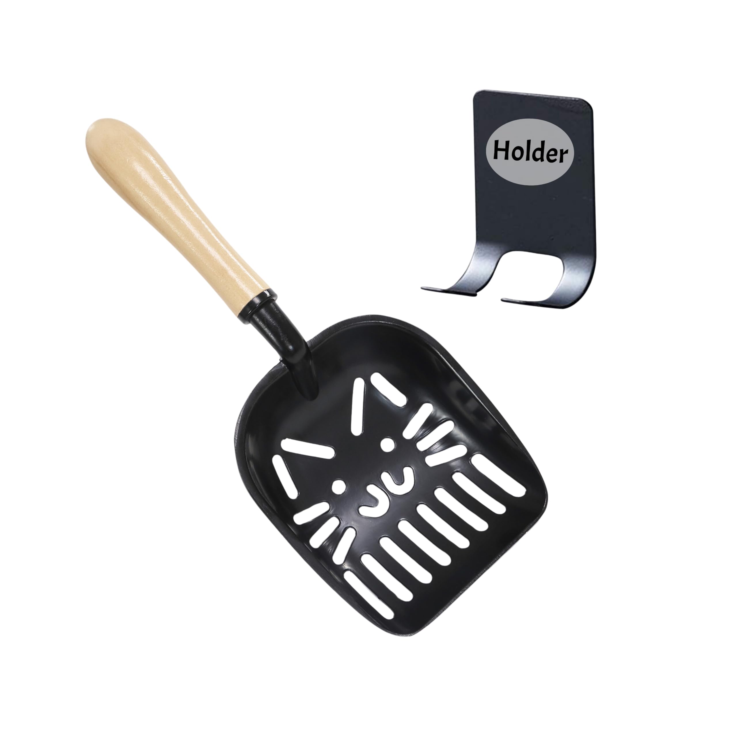 Cat Litter Scoop - Large Metal Cat Litter Scooper with Holder - Non-Stick, Easy to Clean Kitty Litter Scoop, Deep Shovel Cat Scooper for Litter Box with Cute Cat Design and Wood Handle