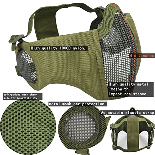 Jadedragon MICH 2000 Style ACH Tactical Helmet with Protect Ear Foldable Double Straps Half Face Mesh Mask & Goggle (Green)
