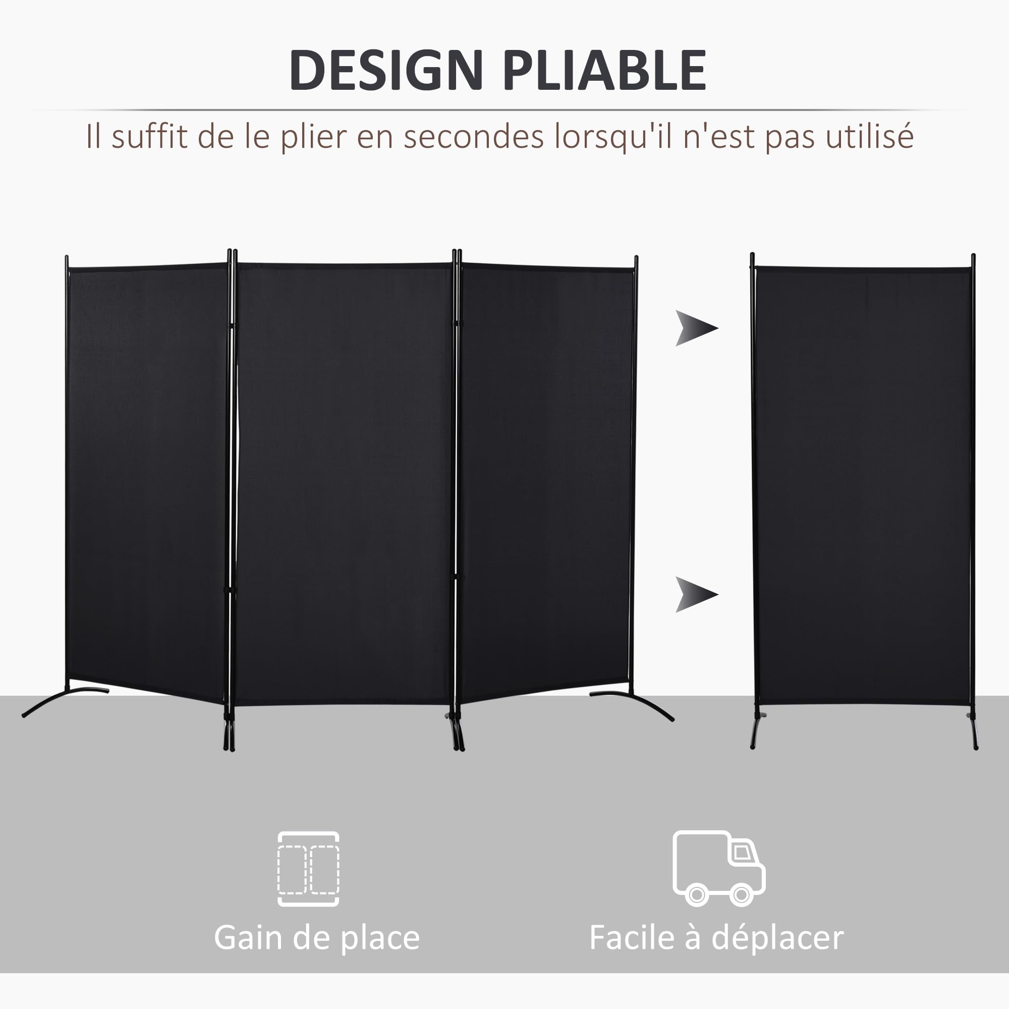 HOMCOM Paravent 3 Panneaux Store Latéral 253 x 50 x 182 cm Noir