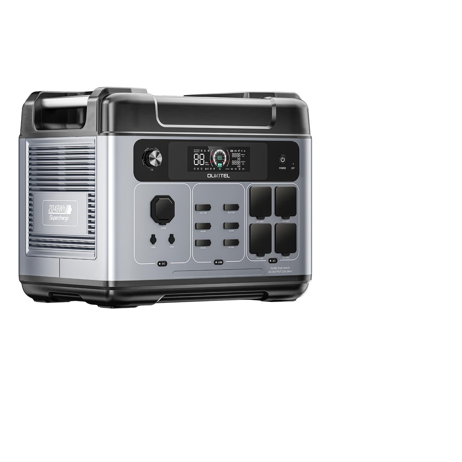 OUKITEL P2001 PLUS Estación de Energía Portátil 2048Wh Generador Solar 2400W Ruedas Telescópicas Fuente de Reserva LiFePO4 Camping Largas Estancias Exteriores