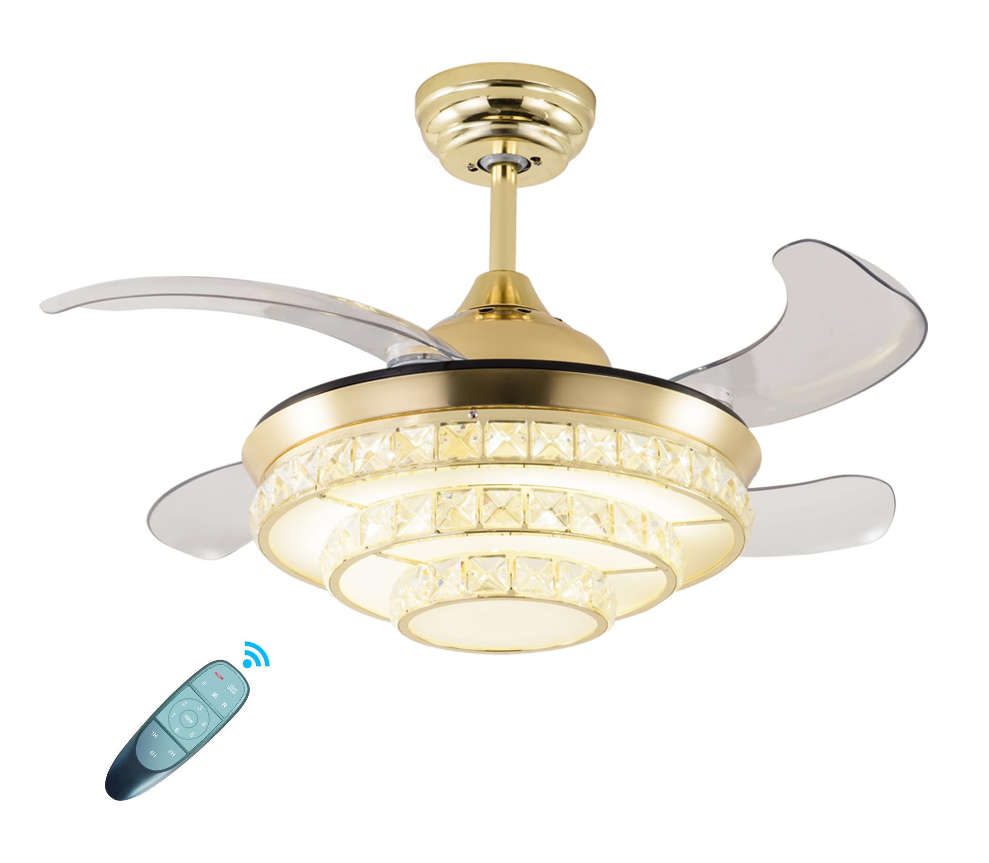 DODOPEN Crystal Ceiling Fan, Gold Ceiling Fan with Lights 6 Speeds 3