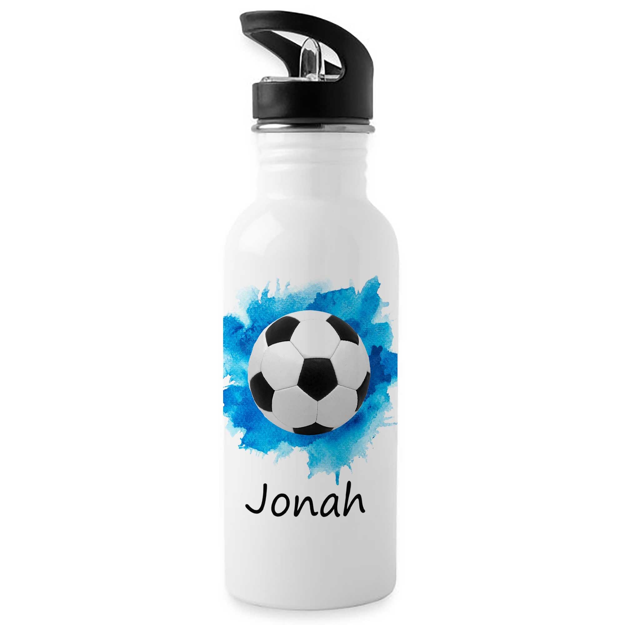 Tigerlilyprints Personalised Boys Water Bottle 500ml with Straw Lid – Custom Name Aluminium Drinks Bottle – Kids School Sports Gym Outdoor Football Design – Birthday Gift for Boys UK (footballblue)